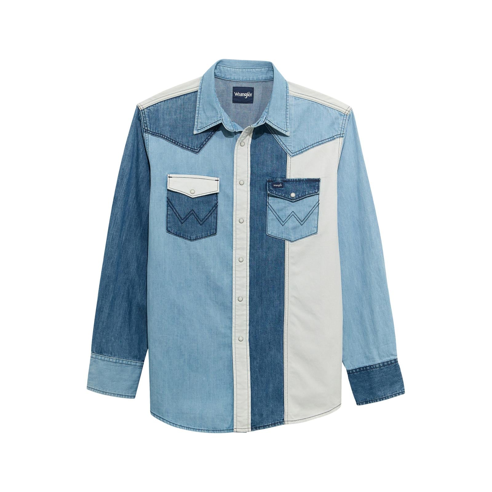 Wrangler Vintage Inspired Brushpopper Long Sleeve Shirt - Denim Color Block